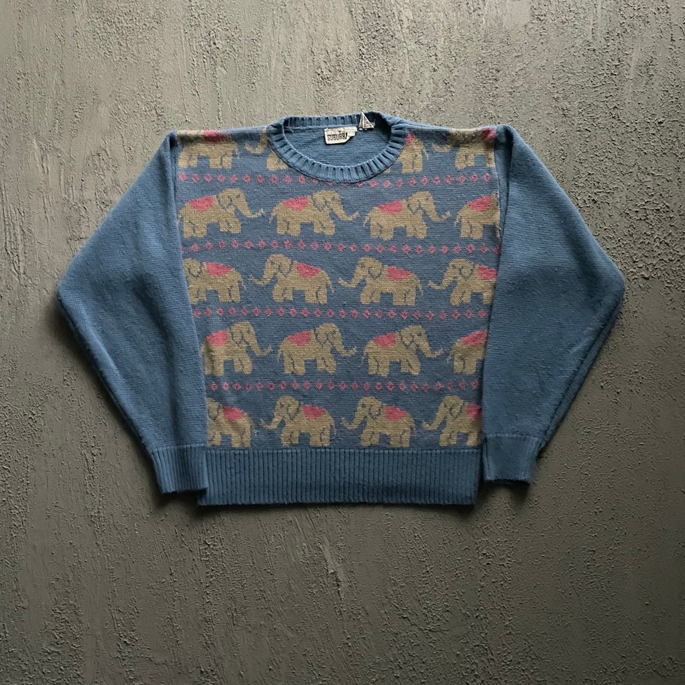 Vintage Elephant Pattern Knit Sweater Women Medium Blue 80s Country Suburbans